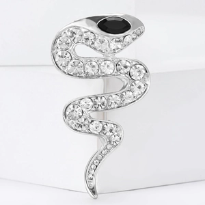 Silver snake brooch with sparkling crystals and black eye on geometric white props