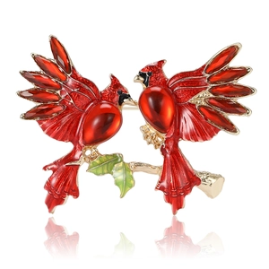 Exquisite red cardinal bird branch brooch with sparkling rhinestones and gold alloy