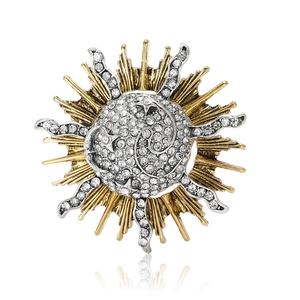 Retro rhinestone sun brooch in gold and silver alloy with brilliant zircon crystals