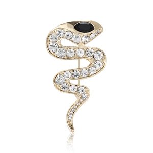 Creative snake brooch in golden alloy with sparkling rhinestones and black gem eye detail