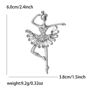Elegant silver ballet dancer brooch with sparkling rhinestones for women's suits