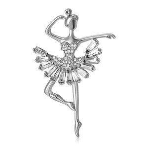 Elegant silver ballet dancer brooch with sparkling rhinestone crystals on white background