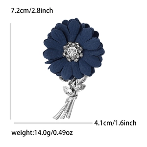 Elegant navy blue fabric flower brooch with crystal rhinestones and silver metal stem