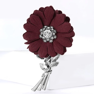 Elegant burgundy fabric flower brooch with crystal rhinestones for women suit