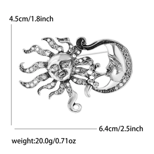 Broche soleil et lune vintage avec strass, taille 4,5 cm x 6,4 cm, poids de 20 grammes