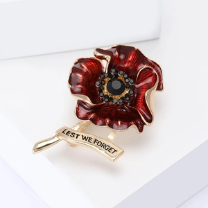Red Poppy Brooch Alloy Enamel Flower Pin With Lest We Forget Lettering Rhinestone Memorial Jewelry For Men Women Clothing Accessories