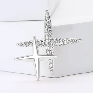 Broche double étoile élégante en alliage avec strass pour vestes et manteaux de femme