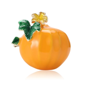 Spilla a forma di zucca creativa in smalto arancione con foglia verde e fiore giallo