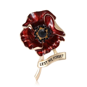 Broche Coquelicot Rouge Alliage Émail Strass Lest We Forget Badge Fleur Commémorative pour Costume Manteau Unisexe Bijoux de Mode