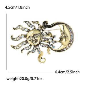 Broche vintage soleil et lune en alliage avec strass colorés sur base dorée