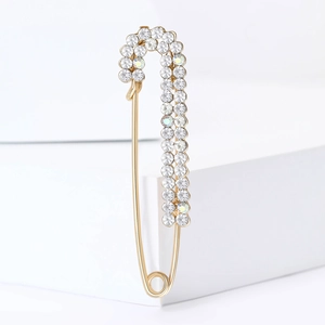 Elegant gold alloy safety pin brooch with sparkling white rhinestones for women accessories