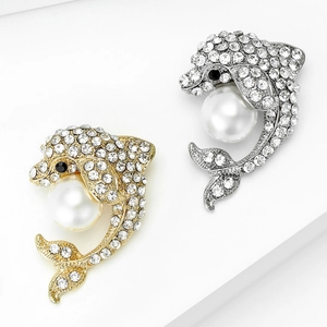 Broches dauphin élégantes en or et argent avec strass et grandes perles nacrées