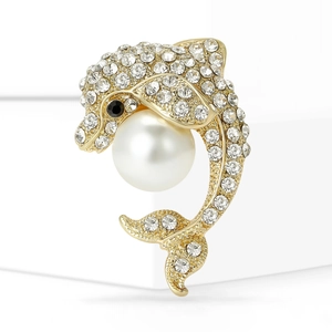 Élégante Broche Dauphin en Alliage Avec Strass Et Imitation De Künstliche Perle Or Argent Animal Épinglette Pour Femme Costume Manteau Bijoux