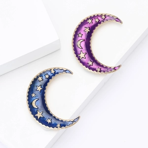 Fashion Alloy Enamel Starry Night Moon Brooch With Rhinestone Star Pattern For Women Suit Sweater Jewelry Lapel Pin Gift