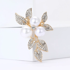 Vintage gold alloy leaf brooch with white pearls and sparkling rhinestones for women