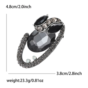 Vintage oval gray gemstone brooch in antique silver finish with rhinestones, 4.8cm height