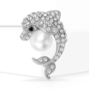 Broche dauphin tendance en argent avec strass blancs et perle ronde pour vêtements