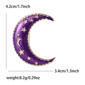 Golden moon brooch with purple enamel and stars, sized 4.2cm by 3.4cm for suits