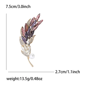 Fashionable golden feather brooch with purple crystals and white pearl for women suits