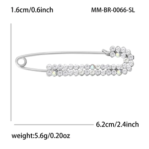 Silver safety pin brooch with sparkling rhinestones, 6.2cm long fashion accessory