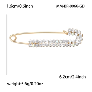 Golden alloy safety pin brooch with rhinestones measuring 6.2cm for women's fashion
