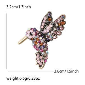 Exquisite hummingbird brooch with colorful rhinestones on light gold alloy base 3.8x3.2cm