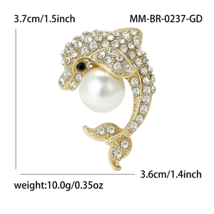 Broche dauphin dorée à la mode avec strass blancs et une perle pour femmes