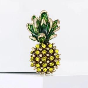 Creative pineapple brooch with yellow crystals and green enamel in gold alloy setting
