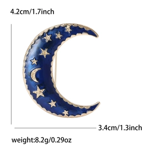 Starry night moon brooch in gold alloy with blue enamel and dimensions details
