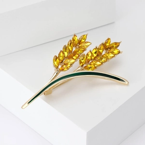 Elegant gold wheat brooch with yellow crystal grains and green enamel leaves