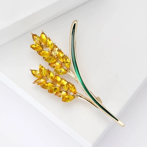 Golden wheat ear brooch with yellow crystal grains and green enamel for women suits