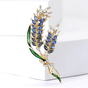 Elegant gold wheat brooch with blue crystals and green enamel leaf for women suits