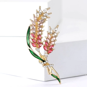 Classic wheat ear brooch with gradient crystals and green enamel on golden alloy base