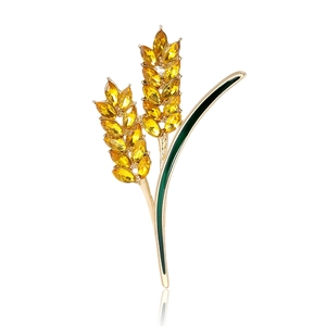 Elegant Alloy Rhinestone Wheat Ear Brooch For Women Gold Green Enamel Floral Suit Sweater Lapel Pin Jewelry Accessory