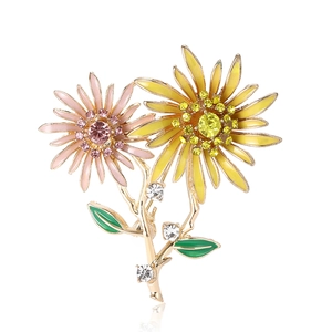 Broche Tournesol en Émail Alliage Strass Double Fleur Épingle pour Femmes Chic Floral Broche Bijoux de Mode Accessoire