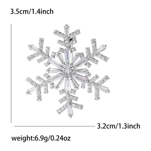 Elegant silver snowflake brooch with cubic zirconia crystals, size 3.5cm by 3.2cm