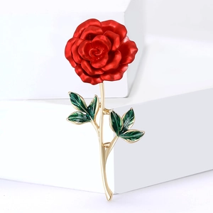 Vintage Elegant Enamel Red Rose Flower Brooch Pin For Women Alloy Green Leaf Gold Stem Fashion Jewelry Suit Coat Accessory