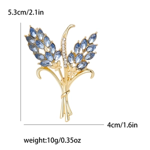 Wheat ear bouquet brooch with blue marquise stones and gold finish 5.3cm height