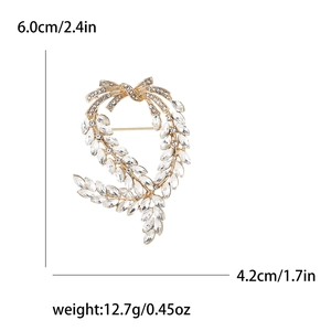 Golden wheat wreath brooch with rhinestones and bow, sized 6.0cm by 4.2cm for women