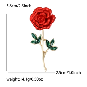 Elegant red enamel rose brooch for women with gold-tone base and size measurements