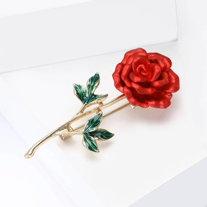 Elegant red enamel rose brooch with green leaves and gold stem for women's autumn apparel