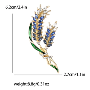 Classic golden wheat ear brooch with colorful crystals and green enamel dimensions