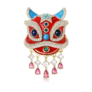 Broche Danse du Lion en Cuivre Zirconia Émail Rouge Style Chinois Avec Pendentif Gland Épinglette Animale pour Femmes Hommes Bijoux
