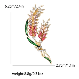 Elegant wheat stalk brooch with colorful rhinestones and green enamel on gold alloy base