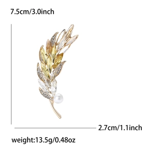 Elegant gold-tone rhinestone wheat brooch with faux pearl for women's suits and coats