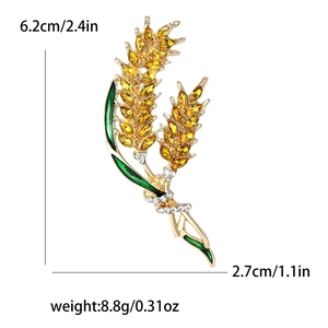Elegant gold alloy wheat ear brooch with yellow crystals and green enamel leaves