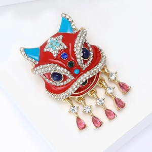 Exquise broche de danse du lion en strass rouge avec pampilles pour hommes et femmes