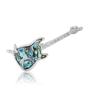 Vintage Alloy Abalone Shell Guitar Brooch For Women Men Rhinestone Butterfly Musical Instrument Design Lapel Pin Jewelry