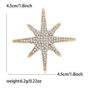 Exquisite gold-plated eight-pointed star brooch with rhinestones, 4.5cm diameter