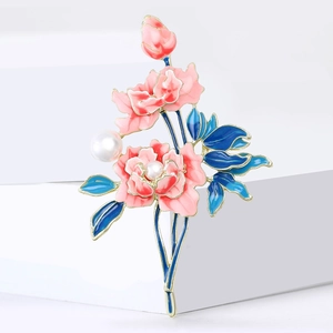 Exquisite peony flower brooch with pink enamel petals and white pearls on white stand